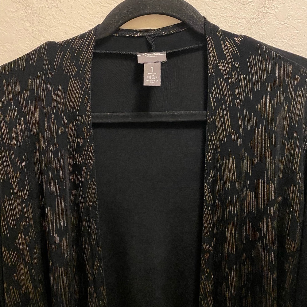 Chico's Travelers Black Open Front Cardigan With Gold Deco Print Size 1 (M) - Picture 2 of 7